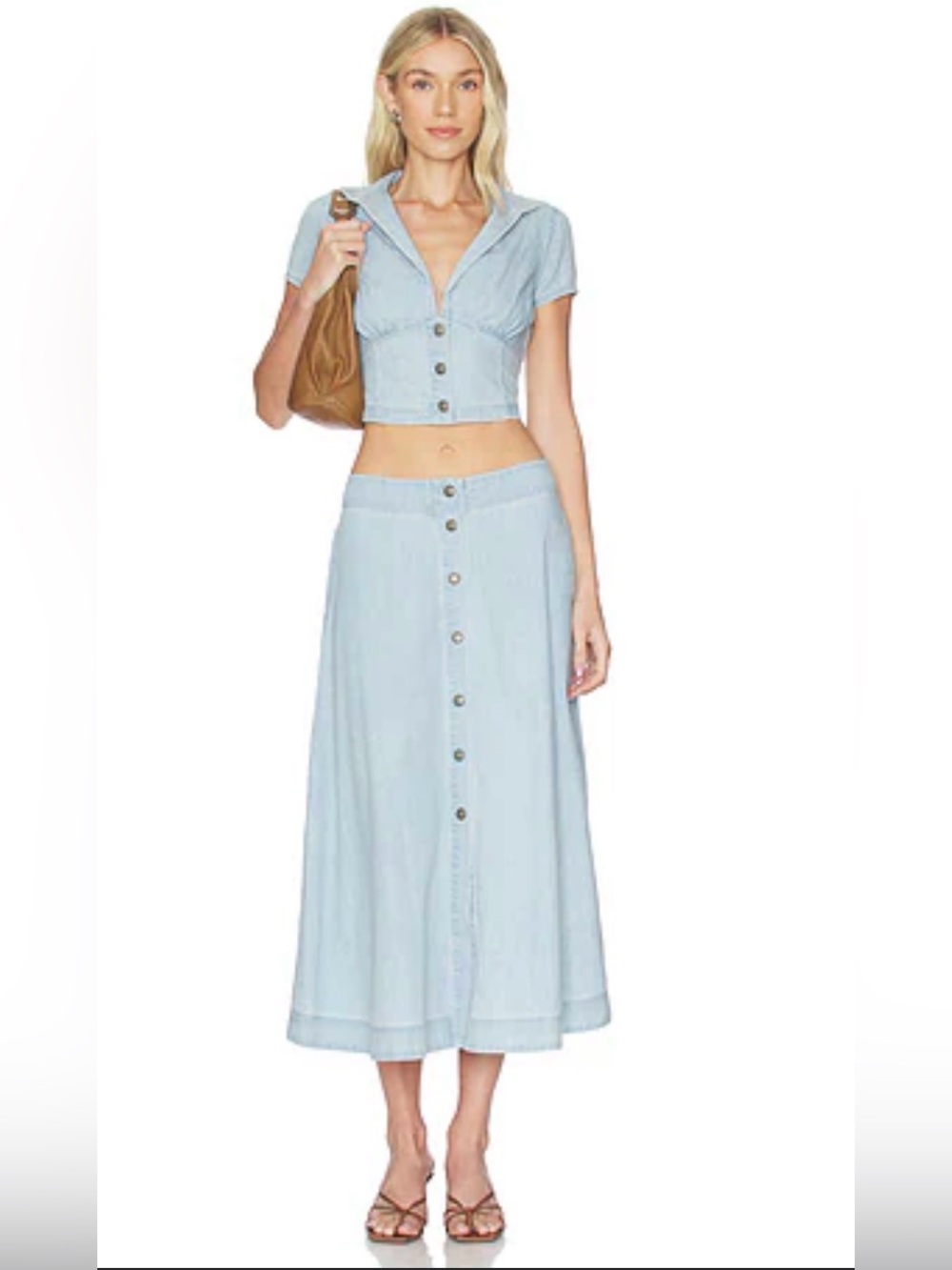 Free People Easy Does It Chambray Denim Crop Top Maxi Skirt 2 Piece Set NWOT